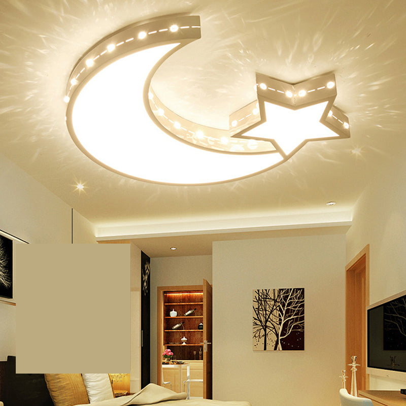 White Metal Hollow Star Crescent Flush Ceiling Light - Modern LED Fixture for Kid's Bedroom