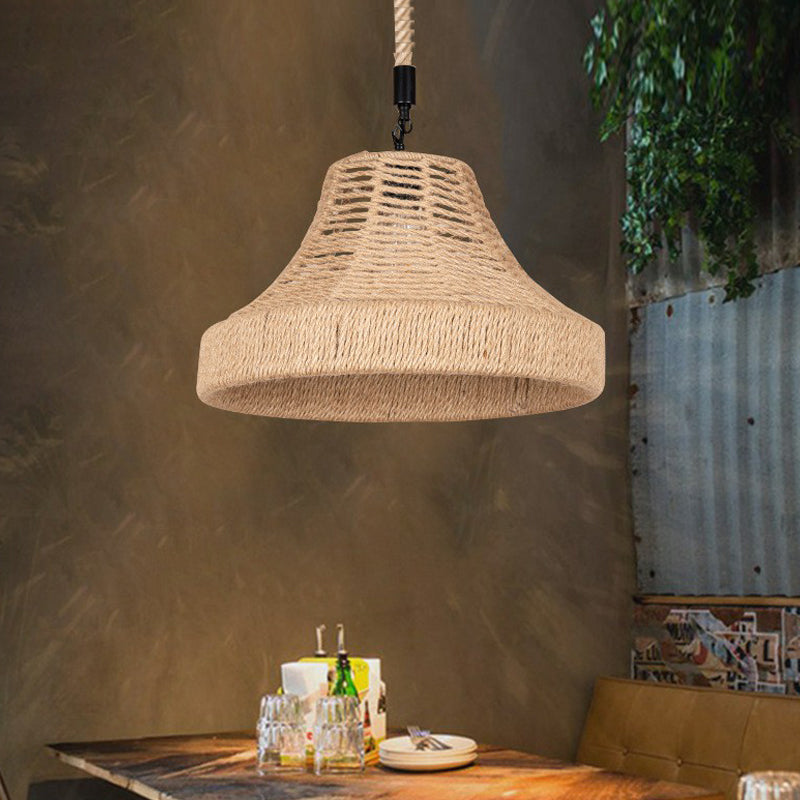 Trumpet Down Lighting Pendant In Brown 1-Light Manila Rope Hanging Lamp For Restaurants