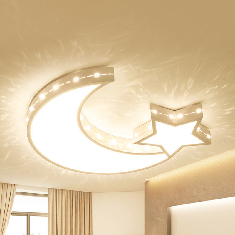 White Metal Hollow Star Crescent Flush Ceiling Light - Modern LED Fixture for Kid's Bedroom