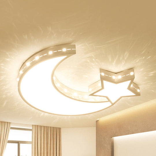 White Metal Hollow Star Crescent Flush Ceiling Light - Modern LED Fixture for Kid's Bedroom