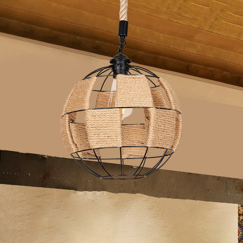 Cottage Style Brown Globe Hemp Rope Pendant Lamp - Aisle Ceiling Light