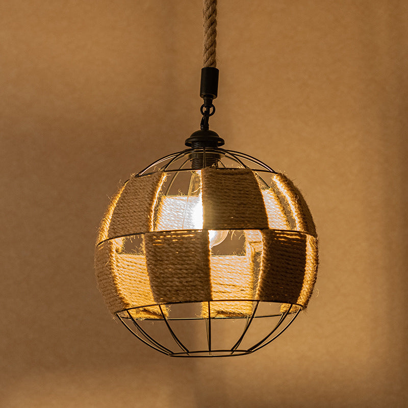 Hemp Rope Pendant Lamp - Cottage Brown Globe Ceiling Light, Aisle Hanging Fixture