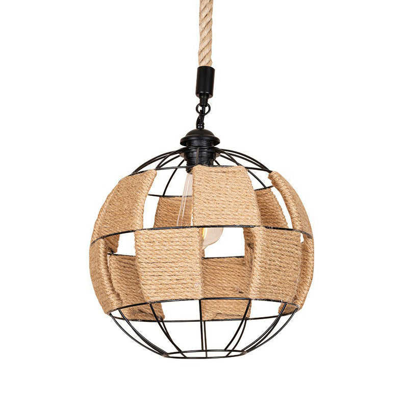 Hemp Rope Pendant Lamp - Cottage Brown Globe Ceiling Light, Aisle Hanging Fixture