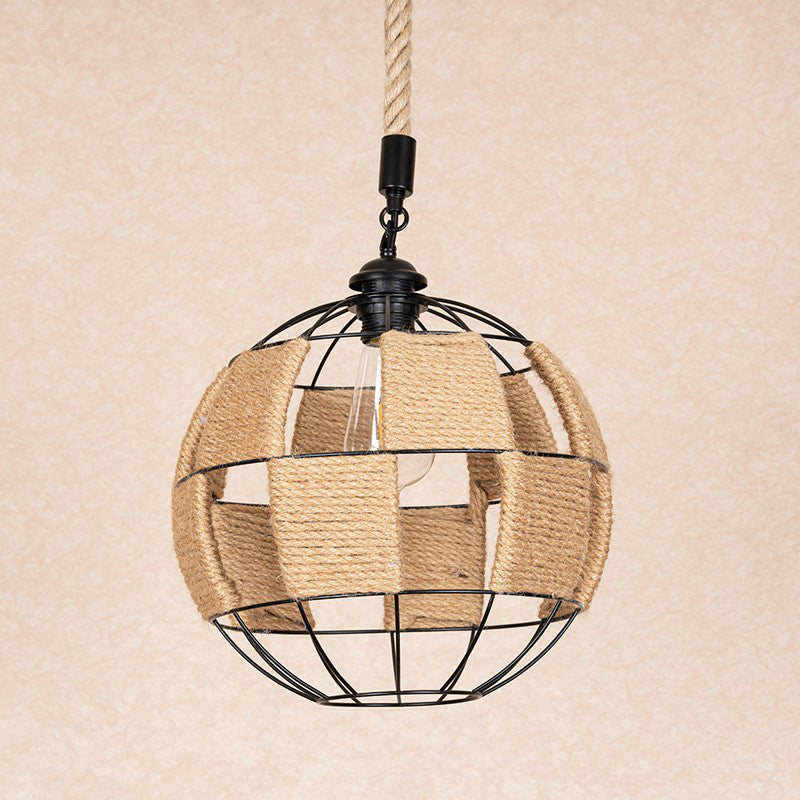 Hemp Rope Pendant Lamp - Cottage Brown Globe Ceiling Light, Aisle Hanging Fixture