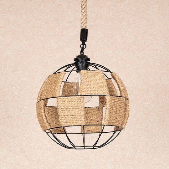 Cottage Style Brown Globe Hemp Rope Pendant Lamp - Aisle Ceiling Light