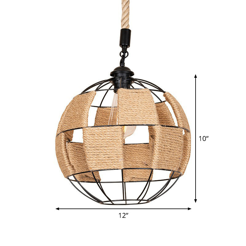 Hemp Rope Pendant Lamp - Cottage Brown Globe Ceiling Light, Aisle Hanging Fixture