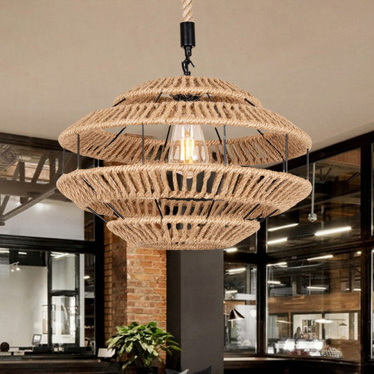 Rustic Hemp-Roped Pendant Light For Dining Room - Brown Ceiling Basket Design