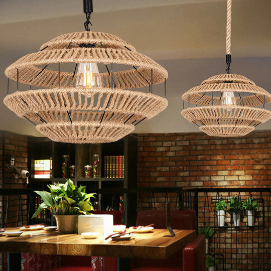 Rustic Hemp Roped Ceiling Light Basket - Brown, 1-Light Suspension Pendant for Dining Room