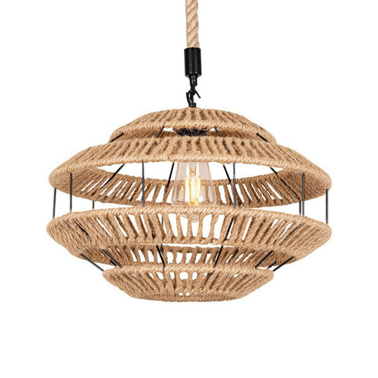 Rustic Hemp Roped Ceiling Light Basket - Brown, 1-Light Suspension Pendant for Dining Room