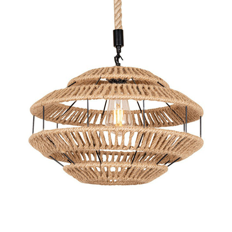 Rustic Hemp-Roped Pendant Light For Dining Room - Brown Ceiling Basket Design