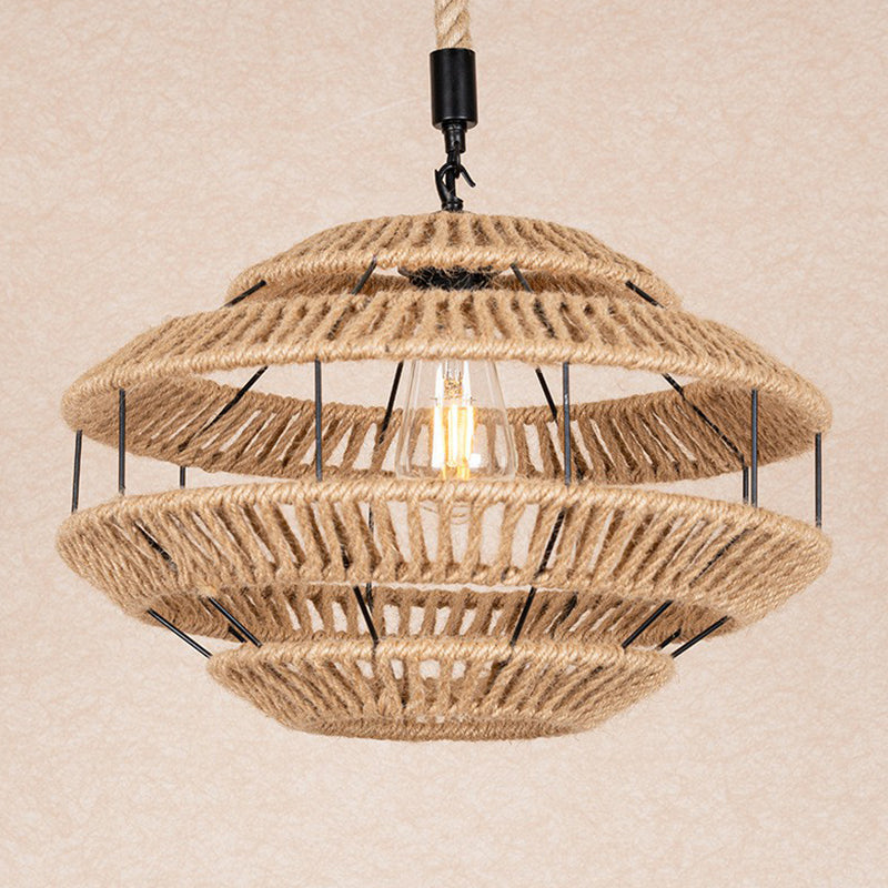 Rustic Hemp Roped Ceiling Light Basket - Brown, 1-Light Suspension Pendant for Dining Room