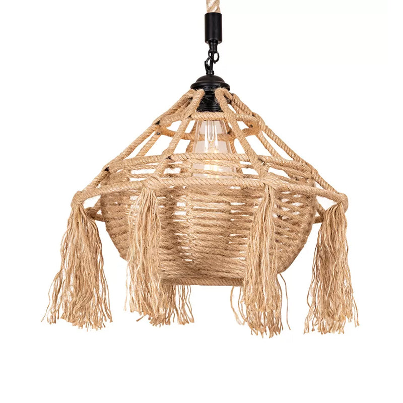 Countryside Rope Pendant Ceiling Light - Brown Droplet Shape With Tassel 1 Head For Restaurants