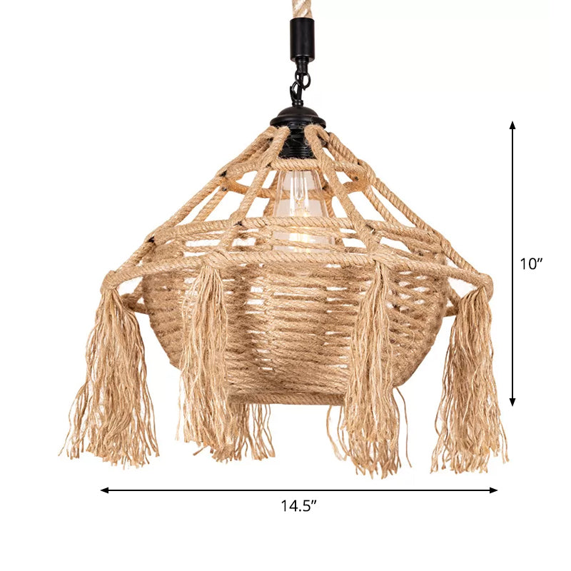 Countryside Rope Pendant Ceiling Light - Brown Droplet Shape With Tassel 1 Head For Restaurants