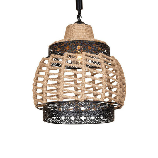 Hollowed-Out Brown Lantern Pendant Light with Hand-Wrapped Rope