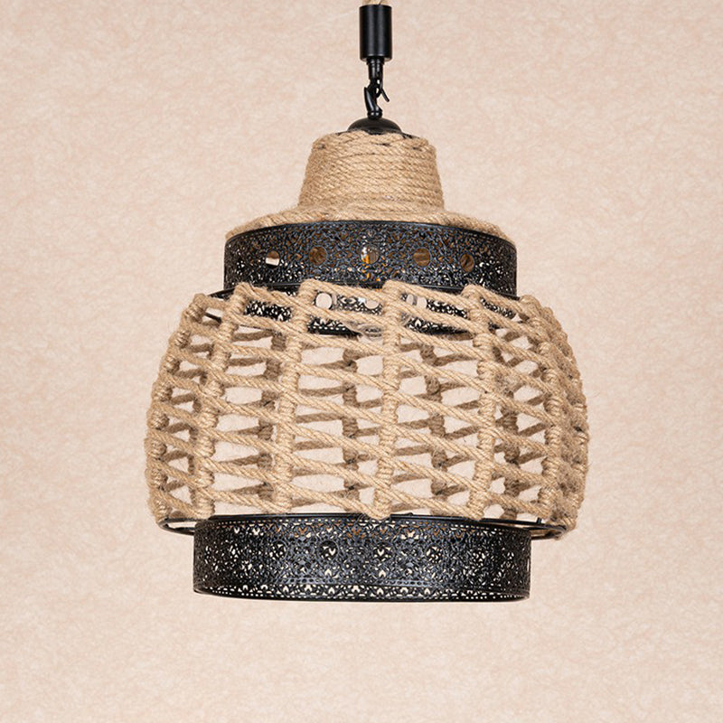 Hollowed-Out Brown Lantern Pendant Light with Hand-Wrapped Rope