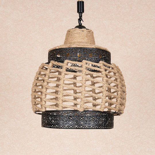 Hollowed-Out Brown Lantern Pendant Light with Hand-Wrapped Rope