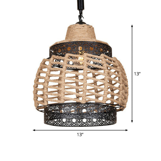 Hollowed-Out Brown Lantern Pendant Light with Hand-Wrapped Rope