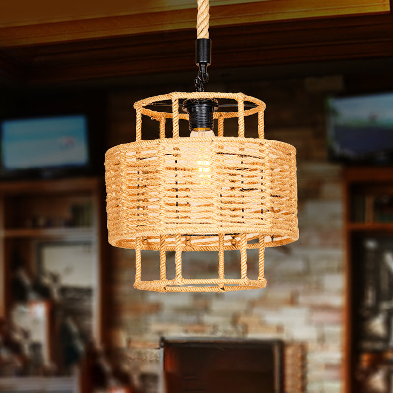 Farmhouse Brown Rope Pendant Lamp: 2-Layered Cylinder Design 1 Head Ideal For Living Room Ceiling