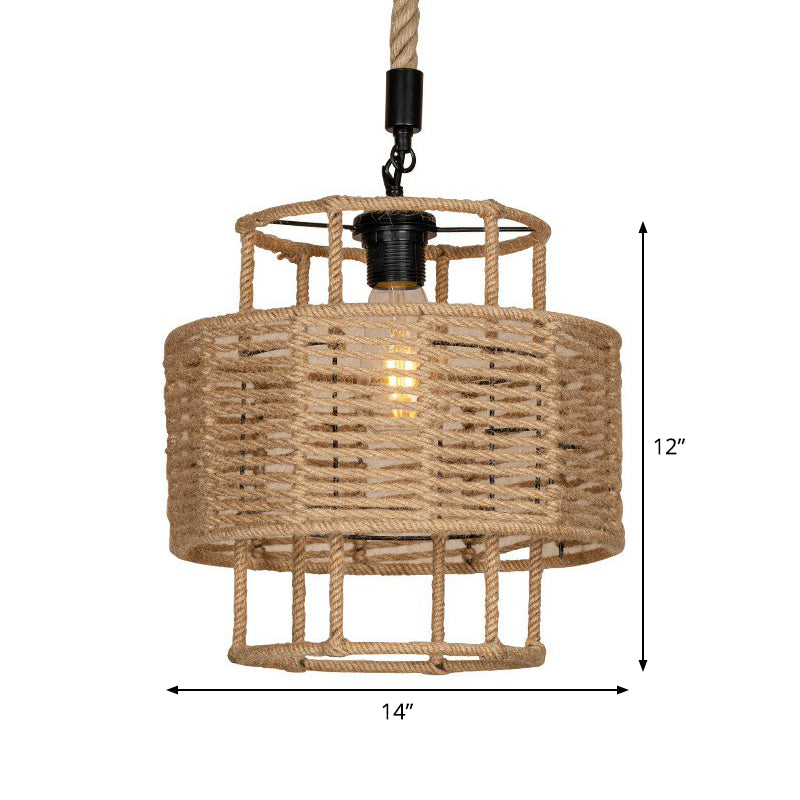 Rustic 2-Layered Cylinder Pendant Lamp with Rope and 1 Head for Living Room Ceiling in Brown