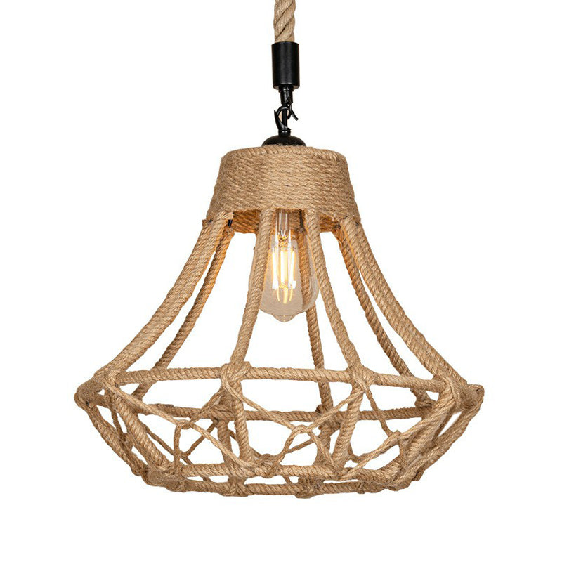 Lodge Diamond Pendant Ceiling Light in Brown - 1 Bulb Hemp Hanging for Cafes