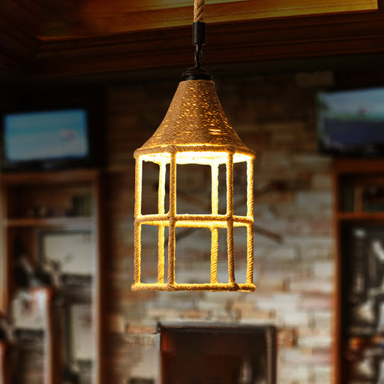 Rustic Rope Pendulum Light For Dining Room - Brown Suspended Lighting Fixture