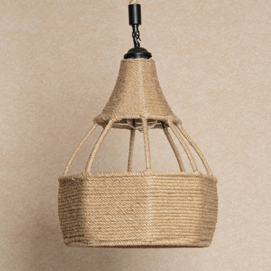 Farmhouse Brown Dining Table Pendant Light - Single Jute Rope Down Lighting with Pear Shape Design