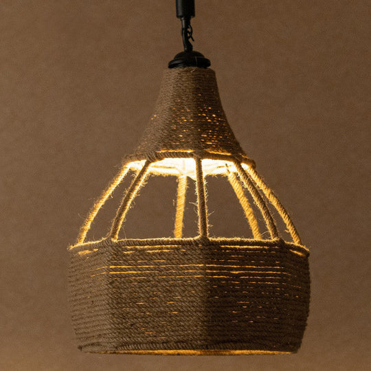 Farmhouse Brown Dining Table Pendant Light - Single Jute Rope Down Lighting with Pear Shape Design