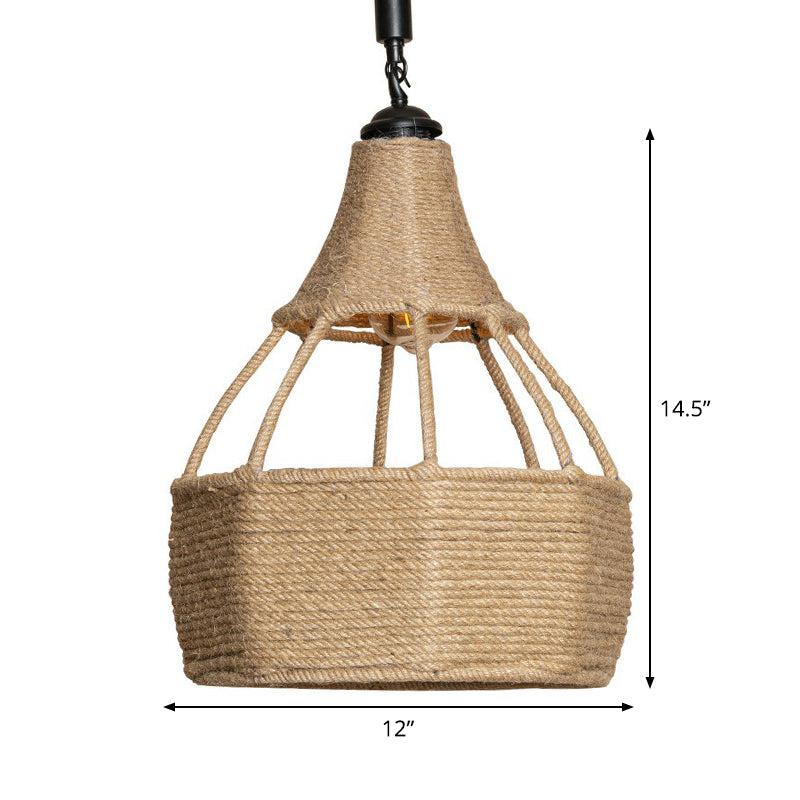 Farmhouse Brown Dining Table Pendant Light - Single Jute Rope Down Lighting with Pear Shape Design