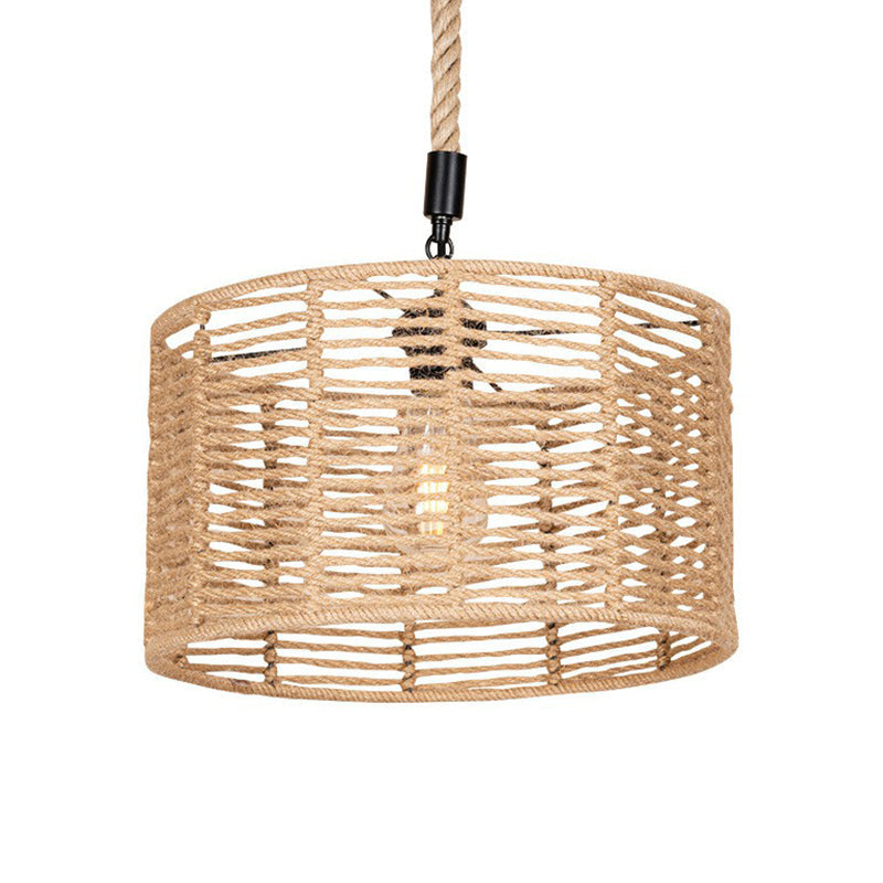 Rustic Natural Rope Pendant Lighting - 1 Bulb Brown Ceiling Lamp For Restaurants