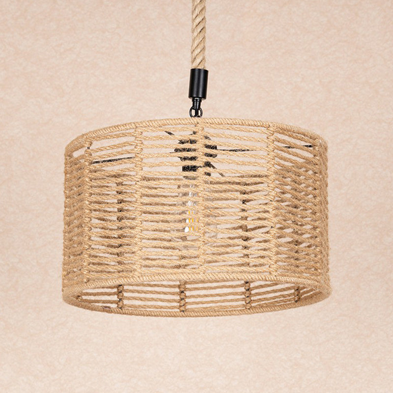 Rustic Natural Rope Pendant Lighting - 1 Bulb Brown Ceiling Lamp For Restaurants