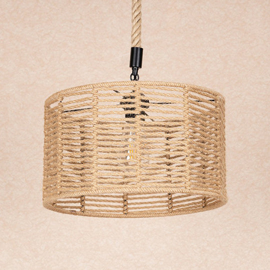 Rustic Natural Rope Pendant Lighting - 1 Bulb Brown Ceiling Lamp For Restaurants