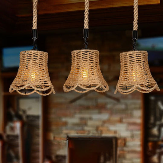 Rustic Bell Cluster Pendant Light - Rope-Wrapped Suspension Lamp in Brown (3/6-Head) with Round/Linear Canopy