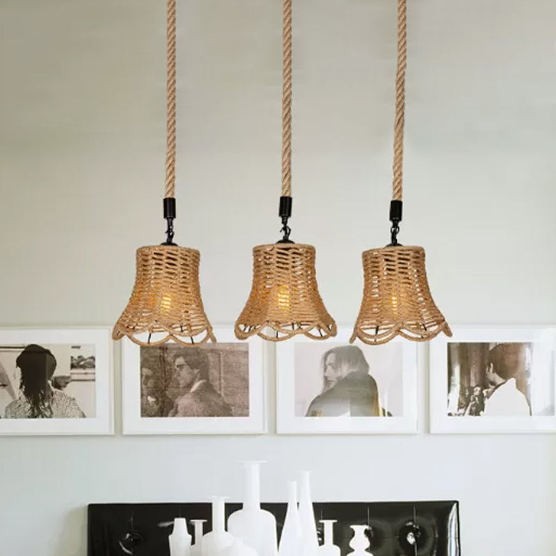 Rustic Bell Cluster Pendant Light - Rope-Wrapped Suspension Lamp in Brown (3/6-Head) with Round/Linear Canopy