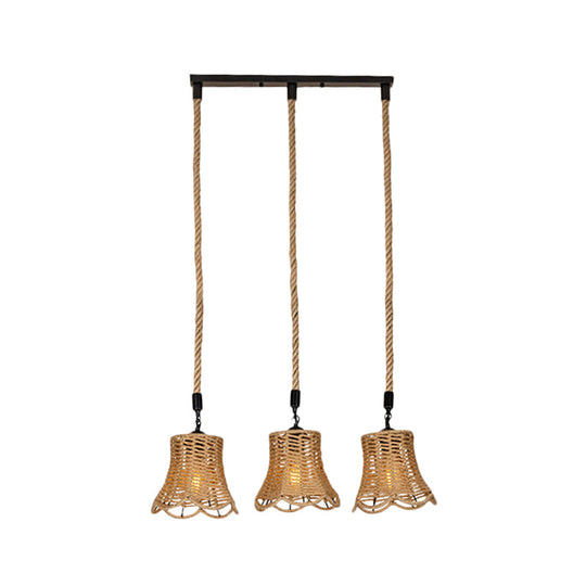 Rustic Bell Cluster Pendant Light - Rope-Wrapped Suspension Lamp in Brown (3/6-Head) with Round/Linear Canopy