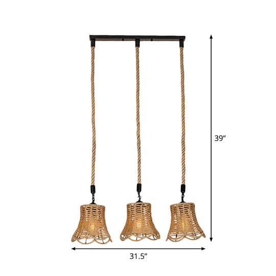 Rustic Bell Cluster Pendant Light - Rope-Wrapped Suspension Lamp in Brown (3/6-Head) with Round/Linear Canopy