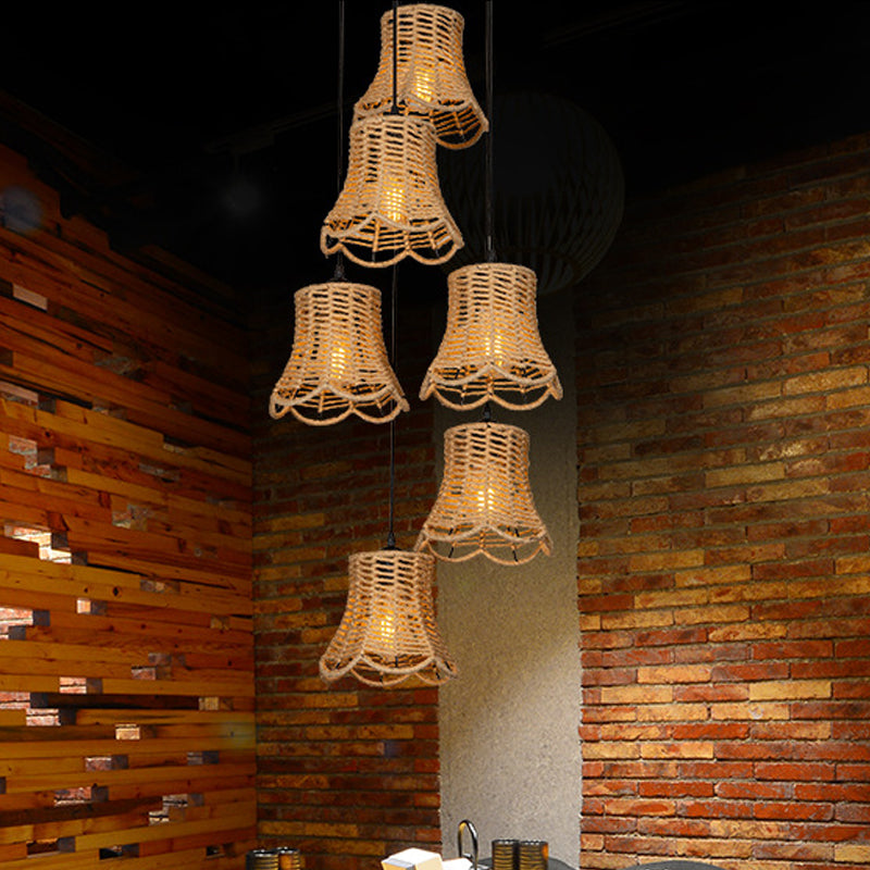 Rustic Bell Cluster Pendant Light - 3/6 Head Rope Suspended Lamp With Scalloped Design In Brown /