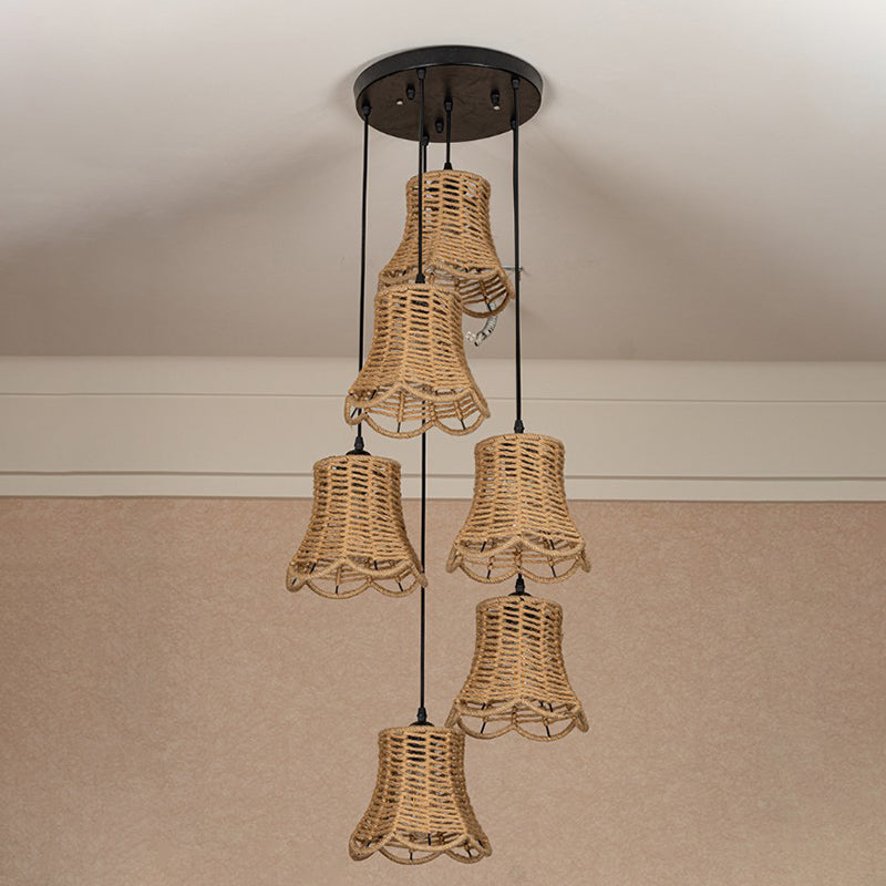 Rustic Bell Cluster Pendant Light - Rope-Wrapped Suspension Lamp in Brown (3/6-Head) with Round/Linear Canopy