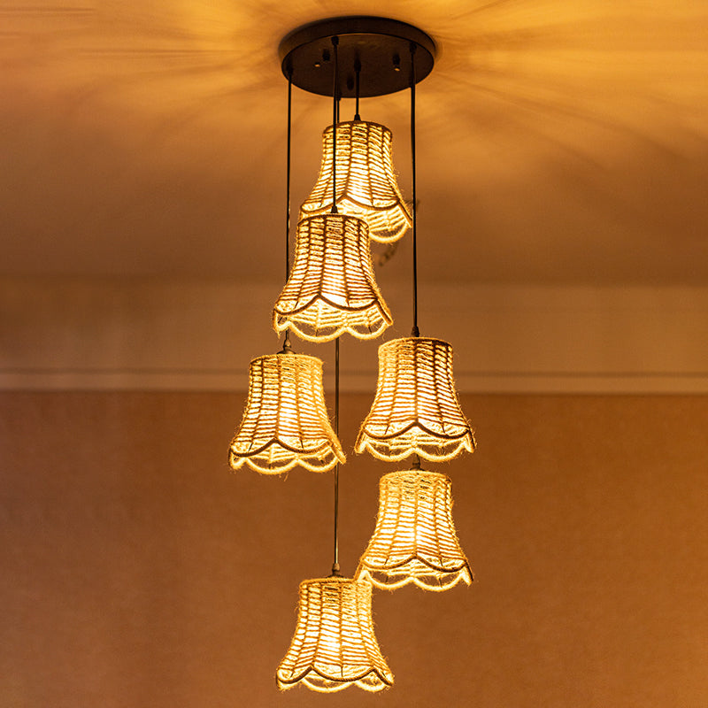 Rustic Bell Cluster Pendant Light - 3/6 Head Rope Suspended Lamp With Scalloped Design In Brown