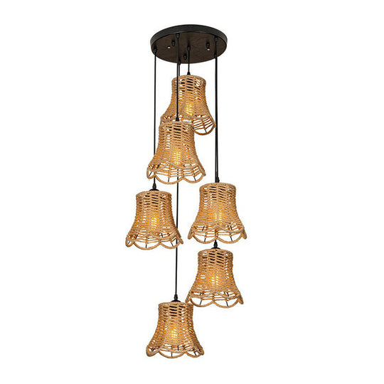 Rustic Bell Cluster Pendant Light - Rope-Wrapped Suspension Lamp in Brown (3/6-Head) with Round/Linear Canopy