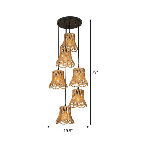 Rustic Bell Cluster Pendant Light - Rope-Wrapped Suspension Lamp in Brown (3/6-Head) with Round/Linear Canopy