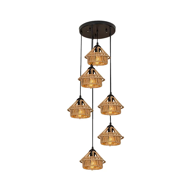 Handcrafted Cottage Brown Multi-Pendant Light Fixture with Rope Detail - Round/Linear Canopy (3/6 Lights)