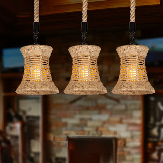 Brown Flared Shade Multi-Light Pendant with Rural Rope Detailing - 3-Bulb Ceiling Hang Lamp for Dining Room