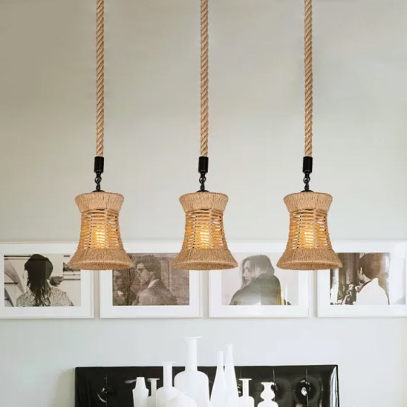 Brown Flared Shade Multi-Light Pendant with Rural Rope Detailing - 3-Bulb Ceiling Hang Lamp for Dining Room