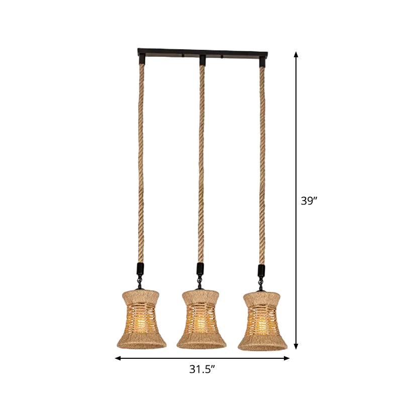 Brown Flared Shade Multi-Light Pendant with Rural Rope Detailing - 3-Bulb Ceiling Hang Lamp for Dining Room