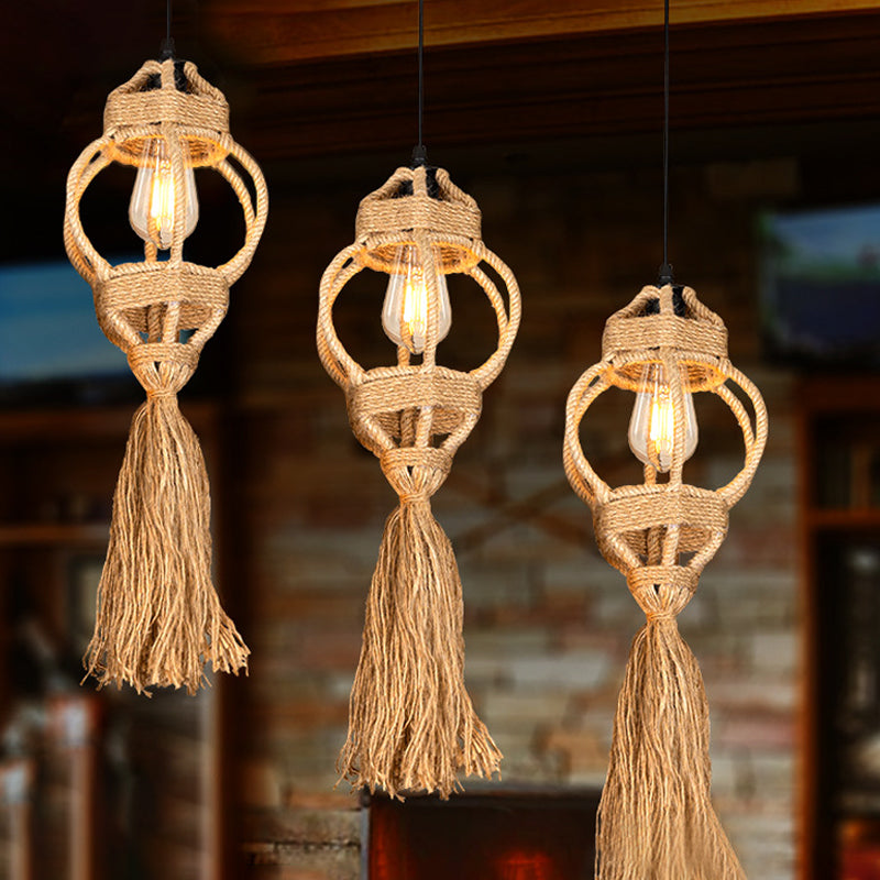 Lantern Kitchen Ceiling Light - Handmade Farmhouse Style With Hemp Rope Detailing And Brown Cluster