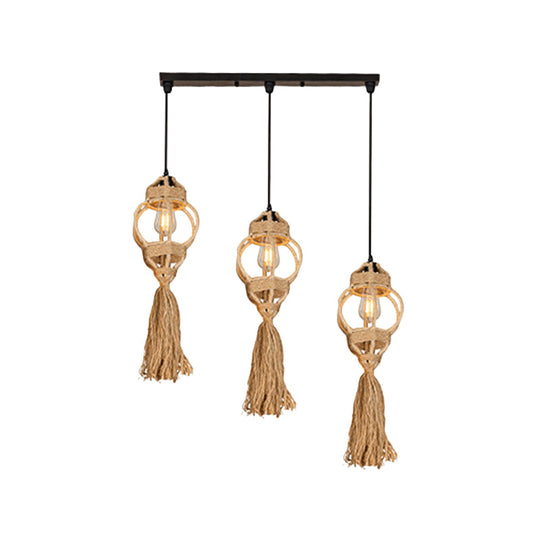 Rustic Hand-Crafted Kitchen Ceiling Light: Farmhouse Hemp Rope Pendant with Brown Cluster, 3/6-Head Design & Round/Linear Canopy