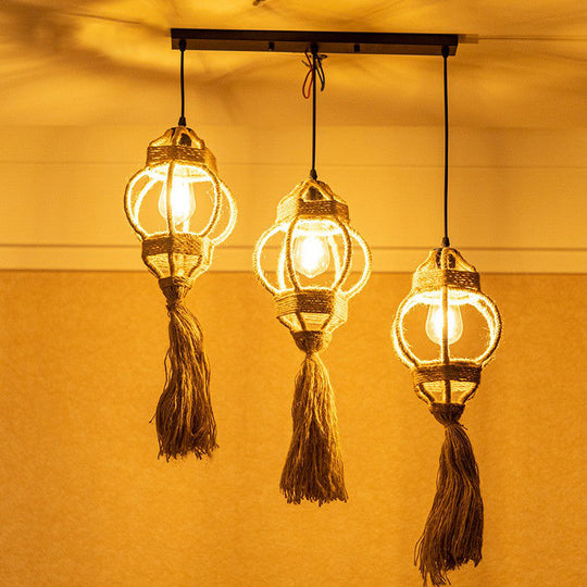 Rustic Hand-Crafted Kitchen Ceiling Light: Farmhouse Hemp Rope Pendant with Brown Cluster, 3/6-Head Design & Round/Linear Canopy