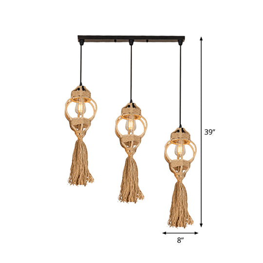 Rustic Hand-Crafted Kitchen Ceiling Light: Farmhouse Hemp Rope Pendant with Brown Cluster, 3/6-Head Design & Round/Linear Canopy