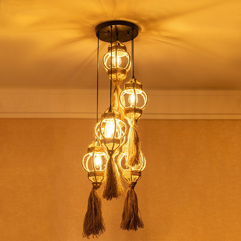 Lantern Kitchen Ceiling Light - Handmade Farmhouse Style With Hemp Rope Detailing And Brown Cluster