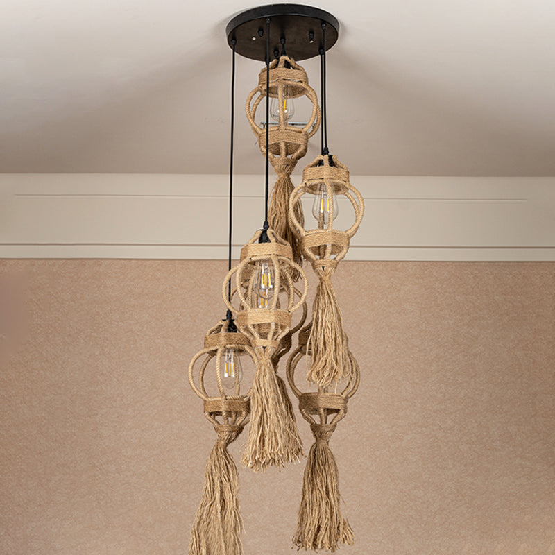 Rustic Hand-Crafted Kitchen Ceiling Light: Farmhouse Hemp Rope Pendant with Brown Cluster, 3/6-Head Design & Round/Linear Canopy